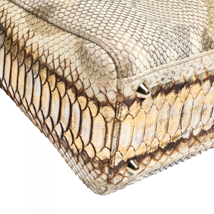 Pre Owned Dior Gold/Beige Python Large Lady Dior Tote