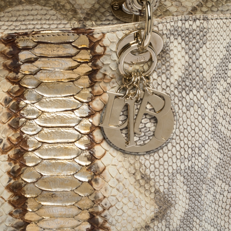 Pre Owned Dior Gold/Beige Python Large Lady Dior Tote