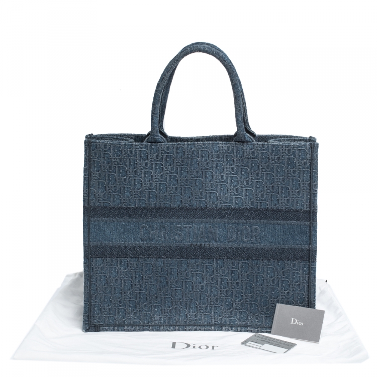 Pre Owned Dior Blue Oblique Embroidered Denim Book Tote
