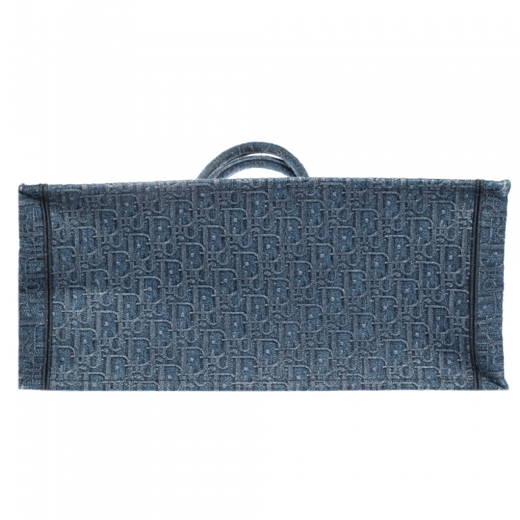 Pre Owned Dior Blue Oblique Embroidered Denim Book Tote
