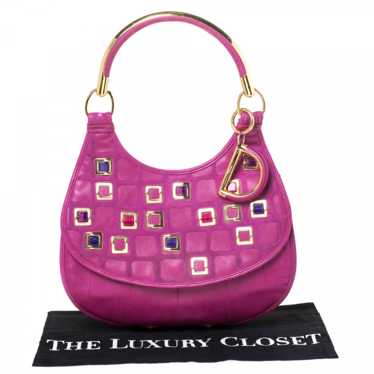 Pre Owned Dior Magenta Leather Jeweled Flap Hobo