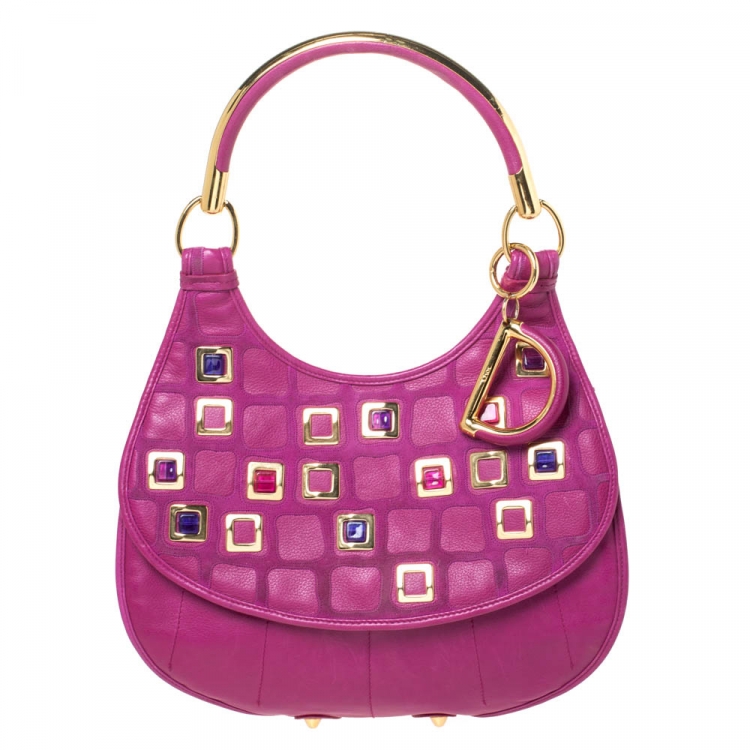 Pre Owned Dior Magenta Leather Jeweled Flap Hobo