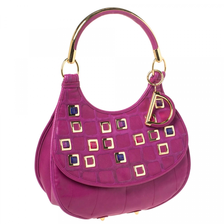 Pre Owned Dior Magenta Leather Jeweled Flap Hobo