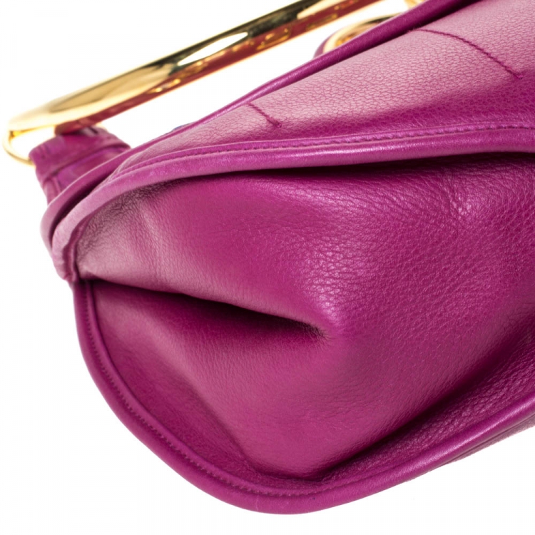 Pre Owned Dior Magenta Leather Jeweled Flap Hobo