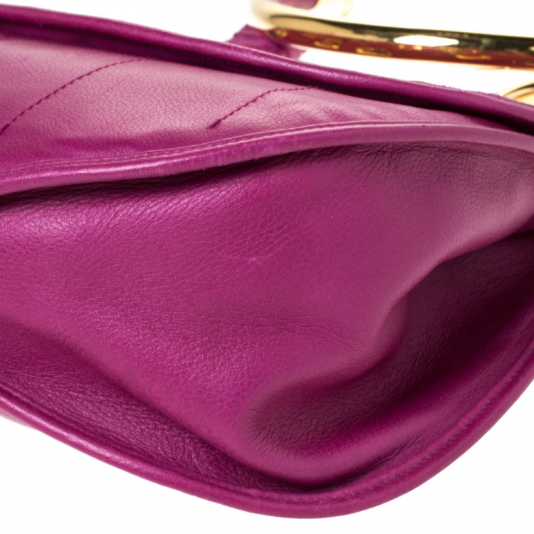 Pre Owned Dior Magenta Leather Jeweled Flap Hobo