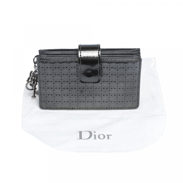 Pre Owned Dior Metallic Grey Micro Cannage Leather Gusset Card Holder