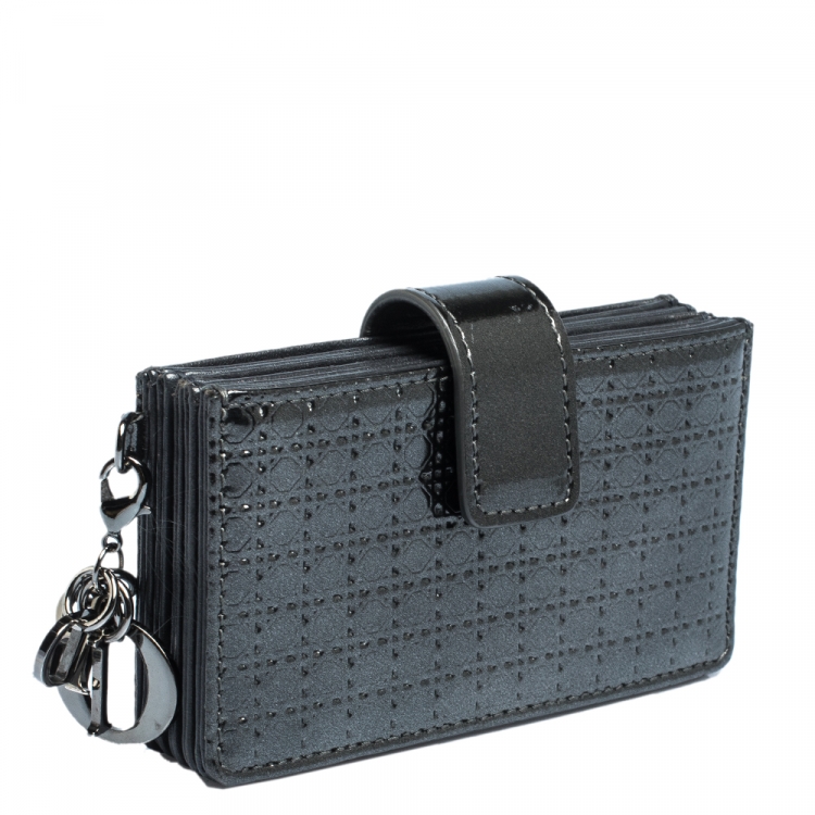 Pre Owned Dior Metallic Grey Micro Cannage Leather Gusset Card Holder
