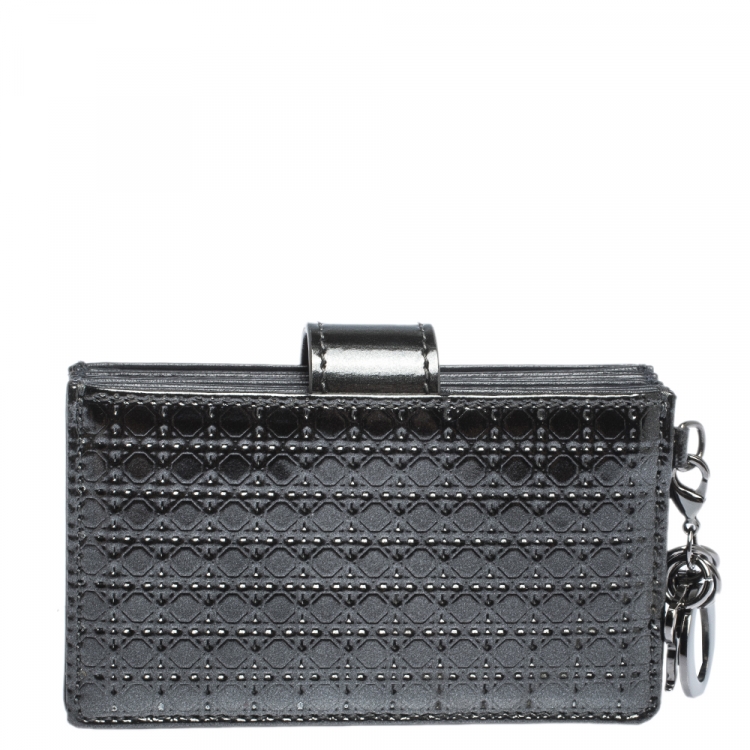 Pre Owned Dior Metallic Grey Micro Cannage Leather Gusset Card Holder