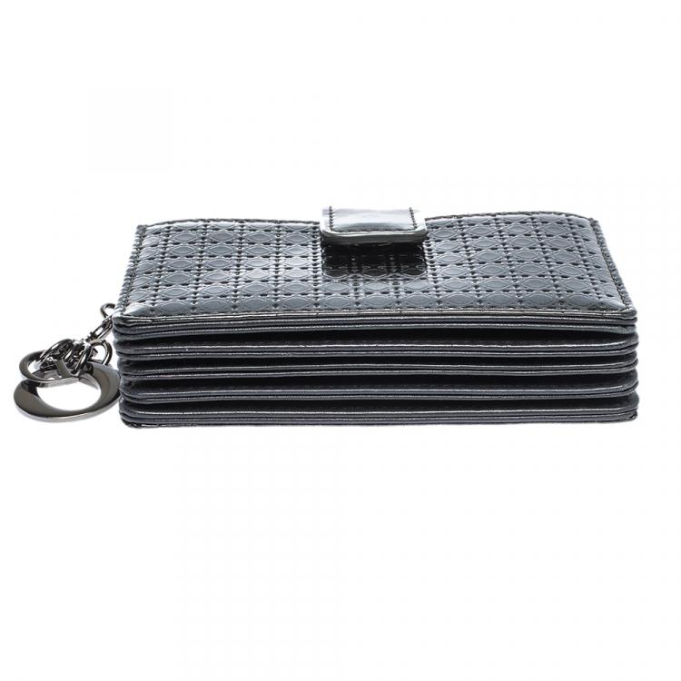 Pre Owned Dior Metallic Grey Micro Cannage Leather Gusset Card Holder