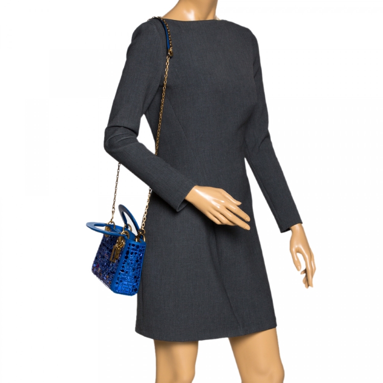 Pre Owned Dior Blue Leather Lady Dior Mosaic of Mirrors Tote