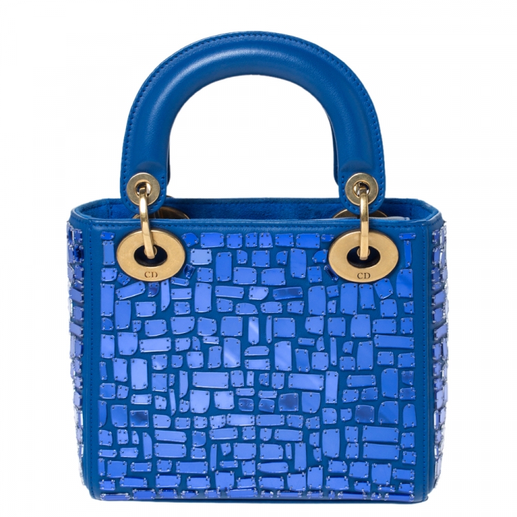Pre Owned Dior Blue Leather Lady Dior Mosaic of Mirrors Tote