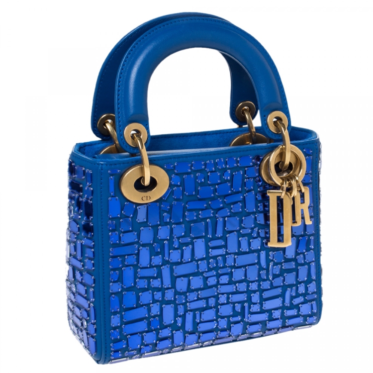 Pre Owned Dior Blue Leather Lady Dior Mosaic of Mirrors Tote