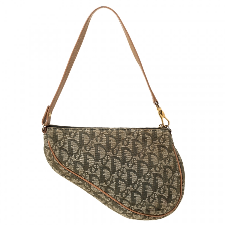 Pre Owned Dior Khaki Green Oblique Canvas Vintage Saddle Bag 