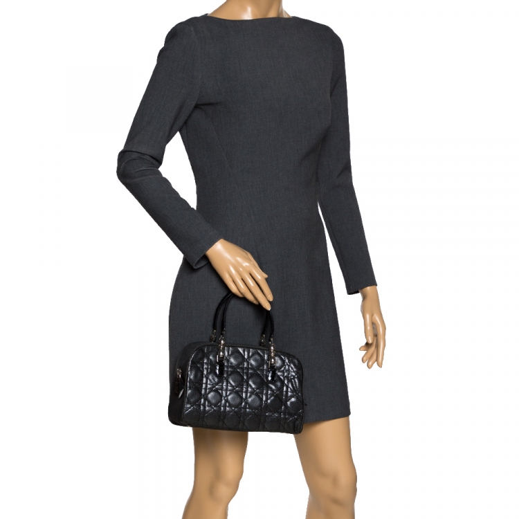Pre Owned Christian Dior Black Perforated Cannage Leather and Denim Bowler Bag 