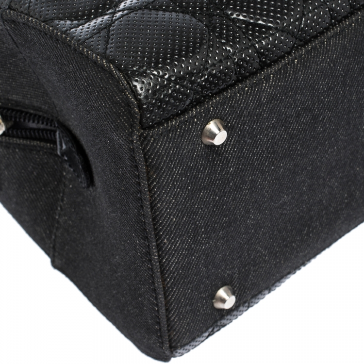 Pre Owned Christian Dior Black Perforated Cannage Leather and Denim Bowler Bag 