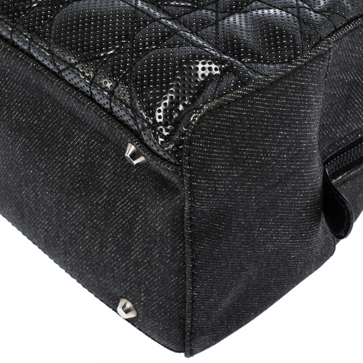 Pre Owned Christian Dior Black Perforated Cannage Leather and Denim Bowler Bag 