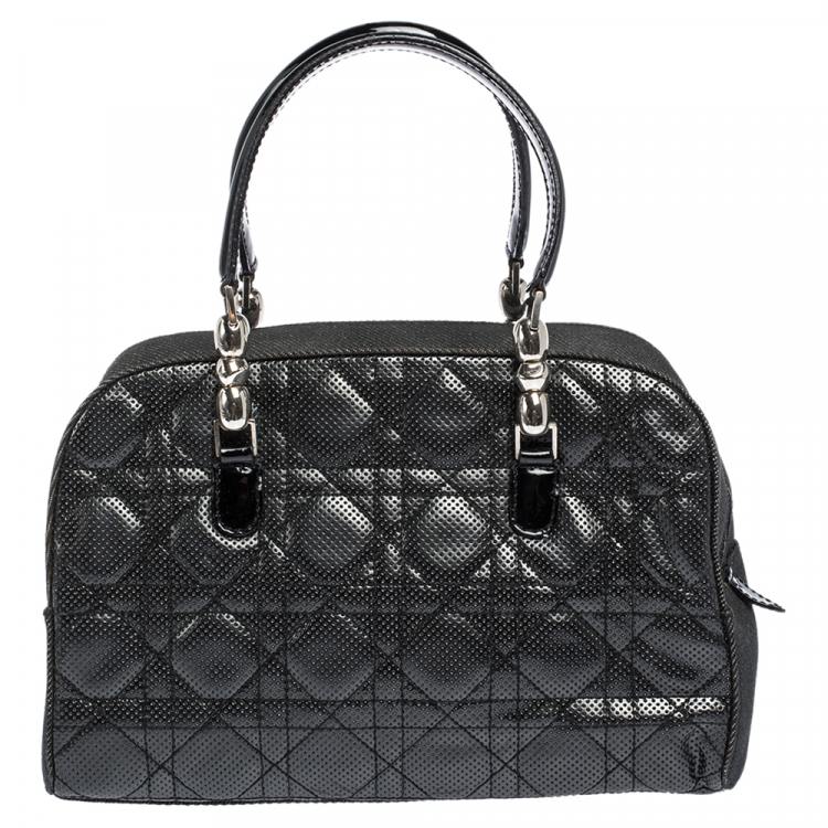 Pre Owned Christian Dior Black Perforated Cannage Leather and Denim Bowler Bag 