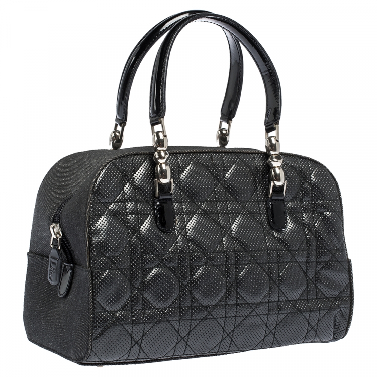 Pre Owned Christian Dior Black Perforated Cannage Leather and Denim Bowler Bag 