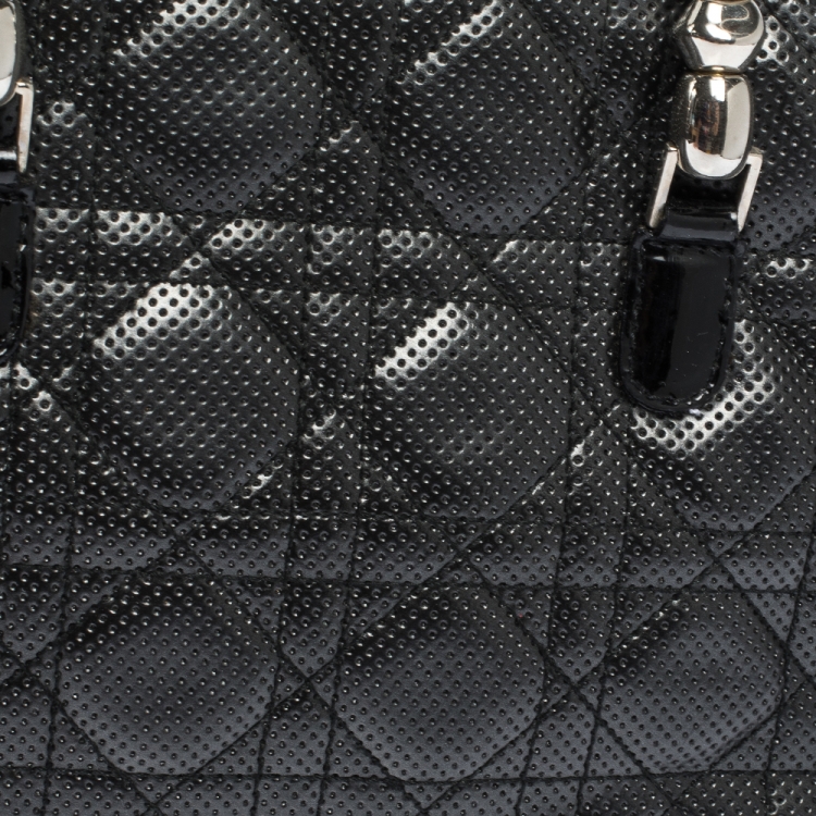Pre Owned Christian Dior Black Perforated Cannage Leather and Denim Bowler Bag 