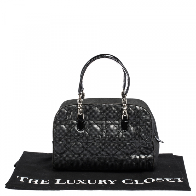 Pre Owned Christian Dior Black Perforated Cannage Leather and Denim Bowler Bag 