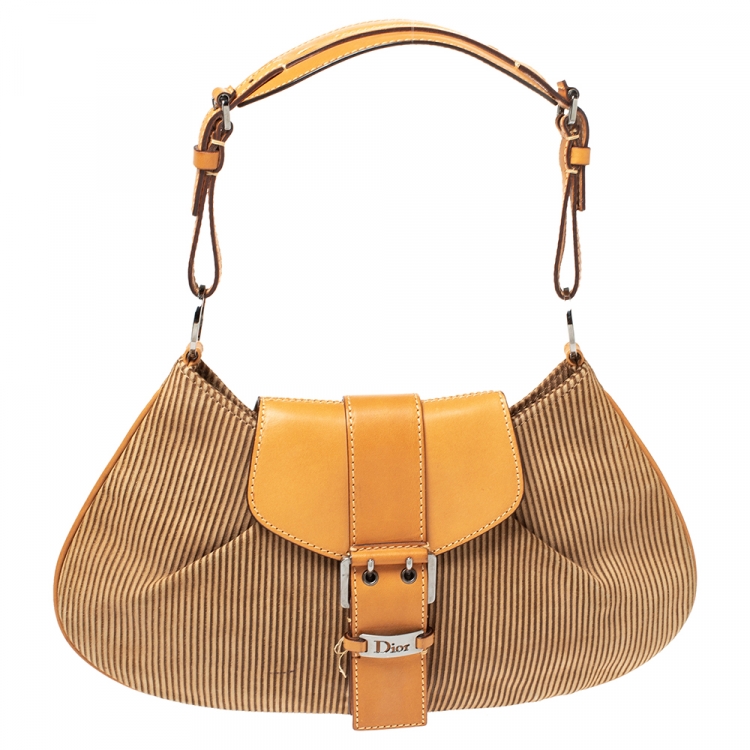 Pre Owned Dior Tan/Beige Striped Suede and Leather Vintage Buckle Flap Hobo