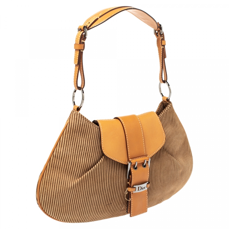 Pre Owned Dior Tan/Beige Striped Suede and Leather Vintage Buckle Flap Hobo