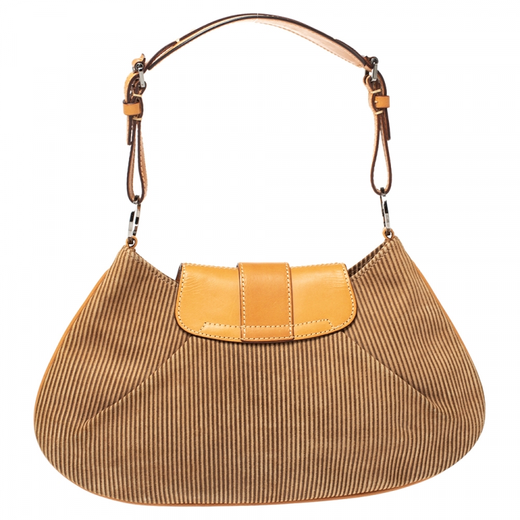 Pre Owned Dior Tan/Beige Striped Suede and Leather Vintage Buckle Flap Hobo