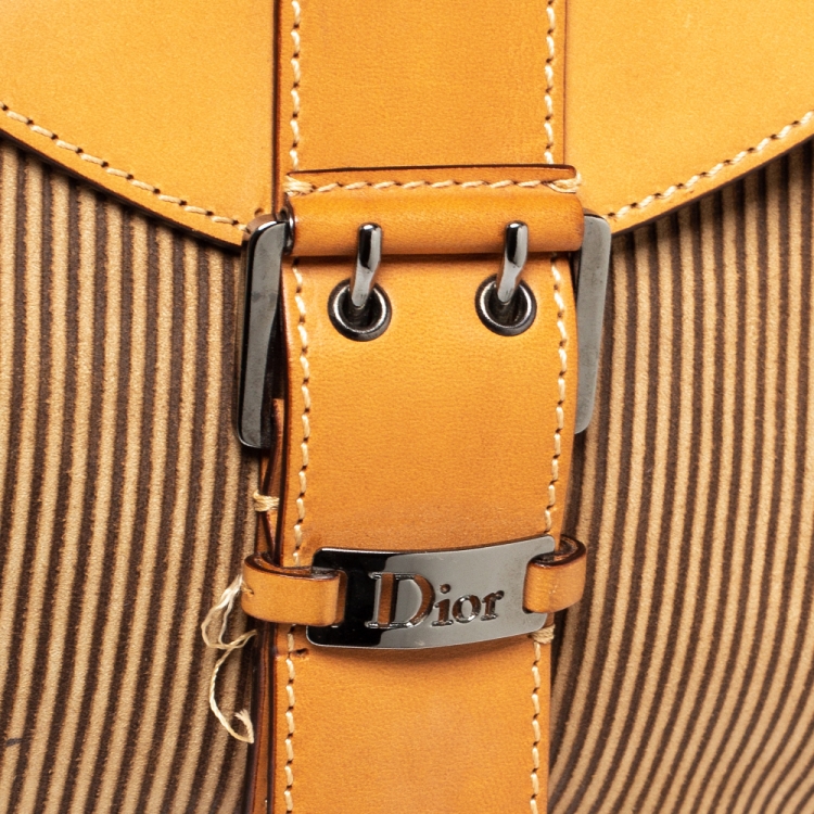Pre Owned Dior Tan/Beige Striped Suede and Leather Vintage Buckle Flap Hobo