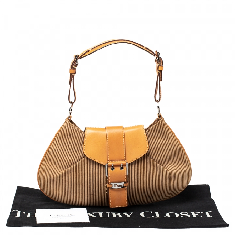 Pre Owned Dior Tan/Beige Striped Suede and Leather Vintage Buckle Flap Hobo