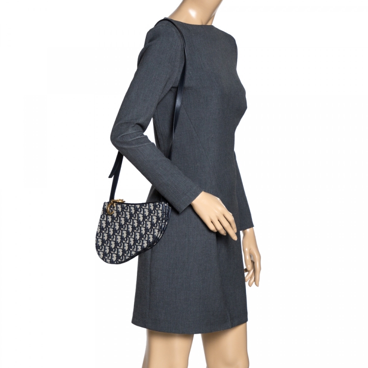 Pre Owned Dior Blue/White Oblique Canvas and Leather Saddle Crossbody Bag