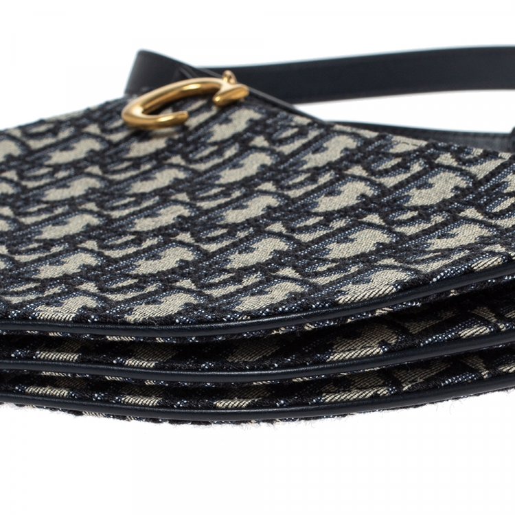 Pre Owned Dior Blue/White Oblique Canvas and Leather Saddle Crossbody Bag