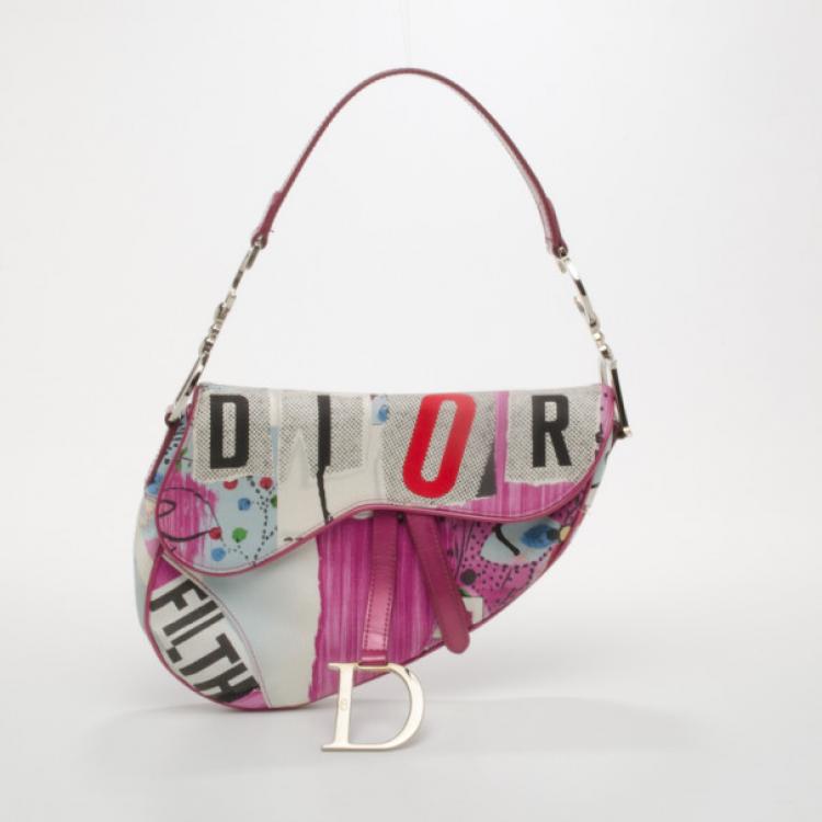 Dior Saddle Bag Filth Print Pink White in Canvas/Leather with SIlver-tone -  US