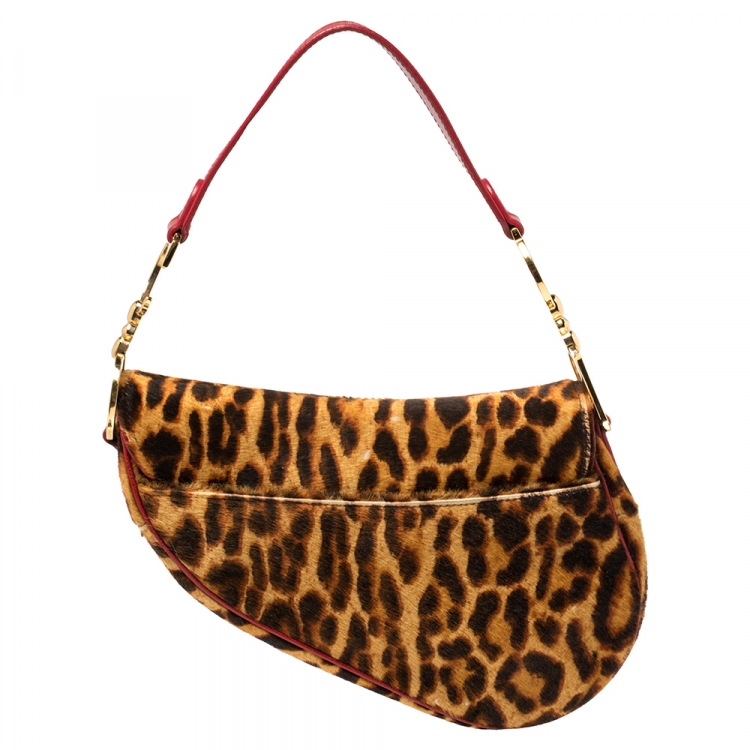 Pre Owned Dior Brown/Red Leopard Print Calfhair and Leather Saddle Bag