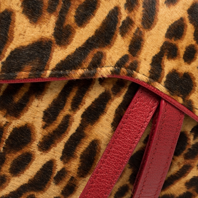 Pre Owned Dior Brown/Red Leopard Print Calfhair and Leather Saddle Bag