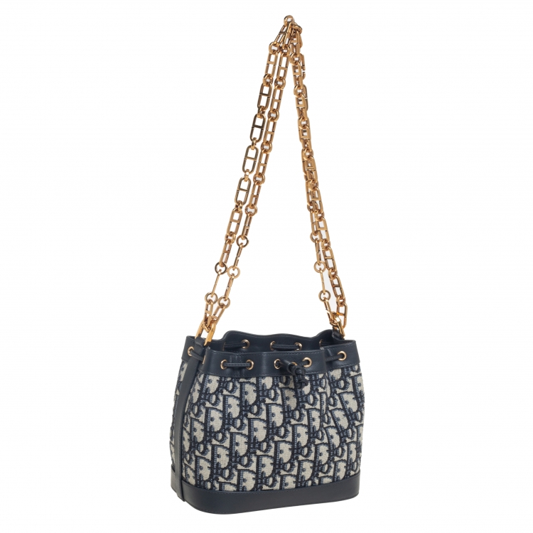 Pre Owned Dior Blue Oblique Canvas and Leather Drawstring Chain Bucket Bag