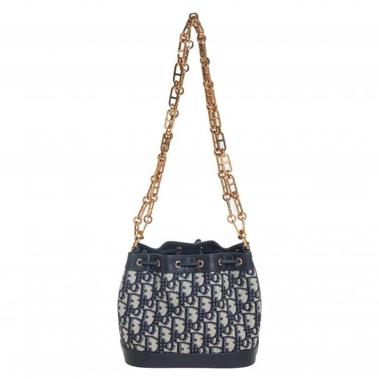 Pre Owned Dior Blue Oblique Canvas and Leather Drawstring Chain Bucket Bag