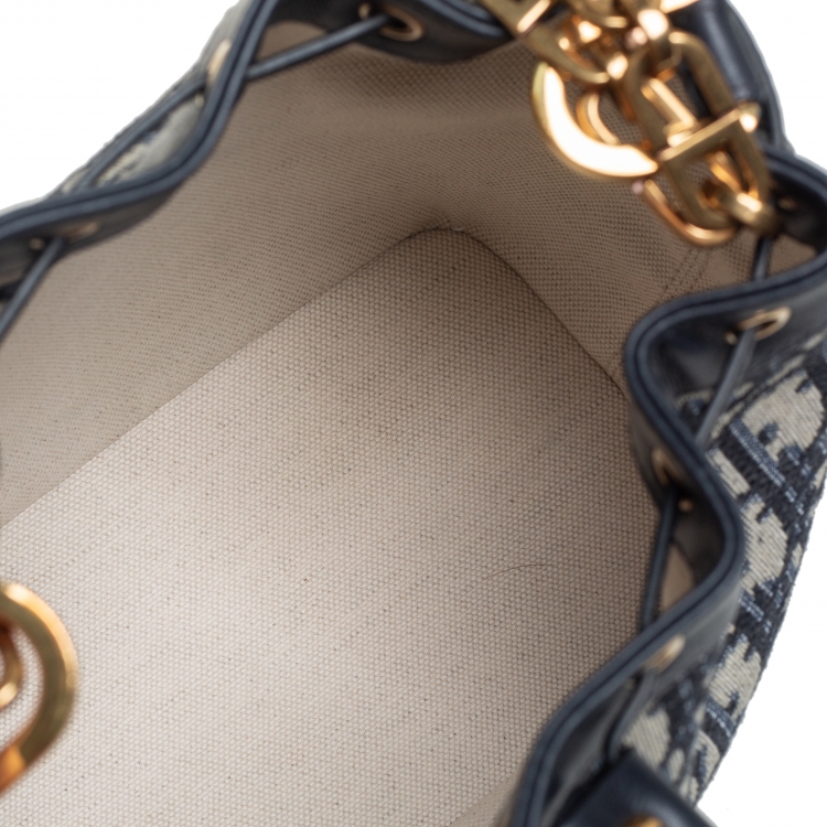 Pre Owned Dior Blue Oblique Canvas and Leather Drawstring Chain Bucket Bag
