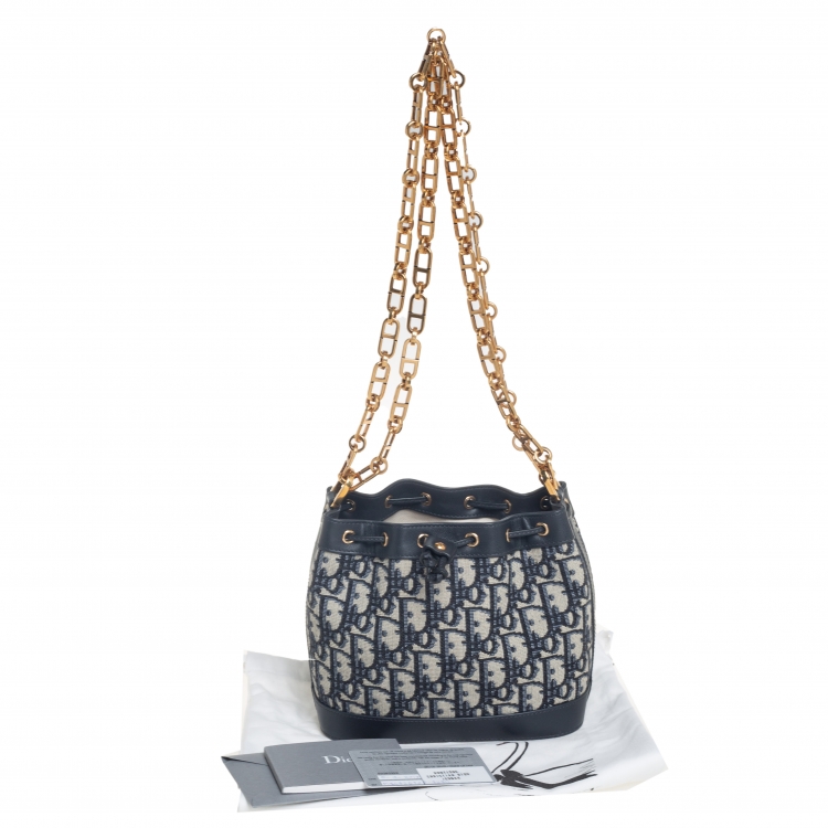 Pre Owned Dior Blue Oblique Canvas and Leather Drawstring Chain Bucket Bag