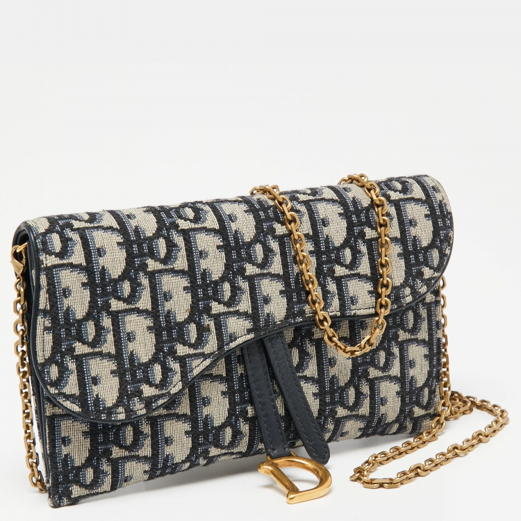 Pre Owned Dior Navy Blue Oblique Canvas and Leather Saddle Wallet On Chain