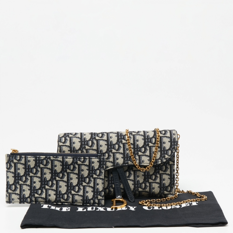 Pre Owned Dior Navy Blue Oblique Canvas and Leather Saddle Wallet On Chain