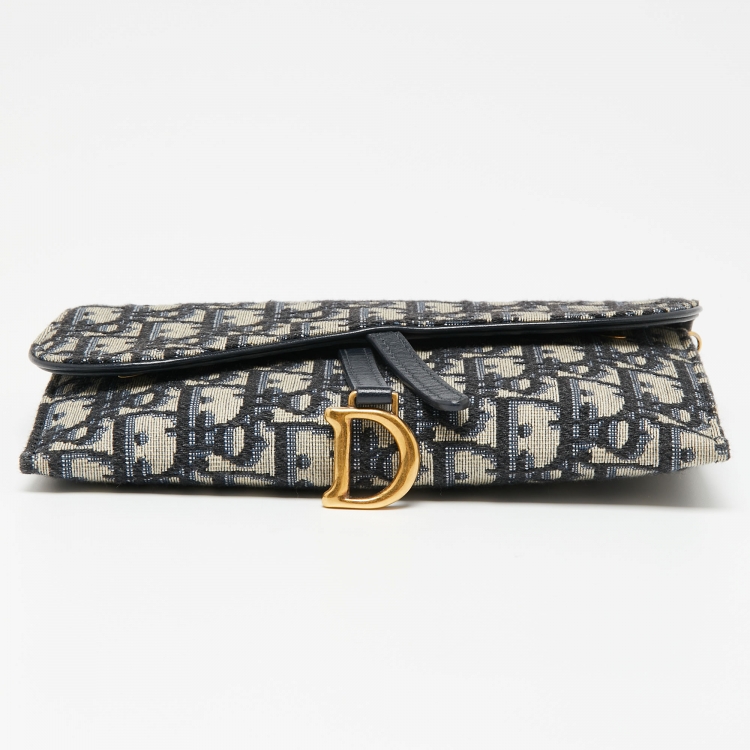 Pre Owned Dior Navy Blue Oblique Canvas and Leather Saddle Wallet On Chain