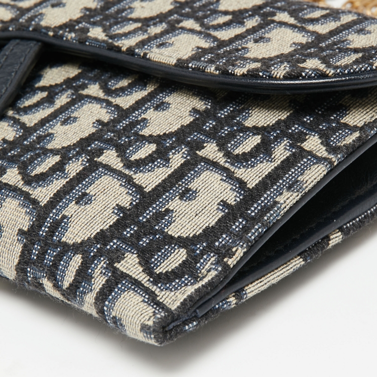 Pre Owned Dior Navy Blue Oblique Canvas and Leather Saddle Wallet On Chain