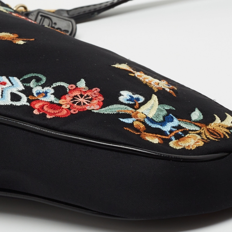 Pre Owned Dior Black Satin Embroidered Saddle Shoulder Bag