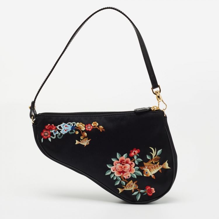 Pre Owned Dior Black Satin Embroidered Saddle Shoulder Bag