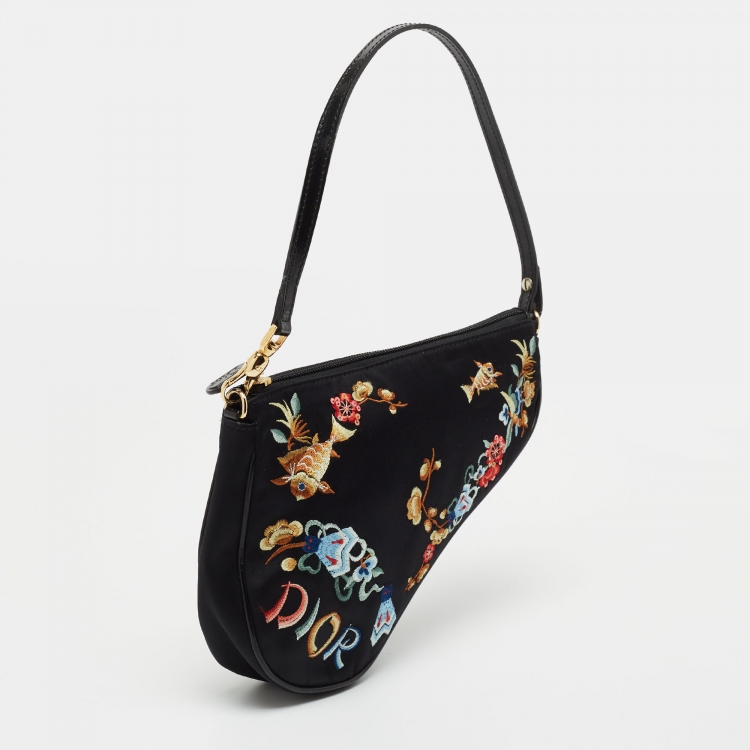 Pre Owned Dior Black Satin Embroidered Saddle Shoulder Bag