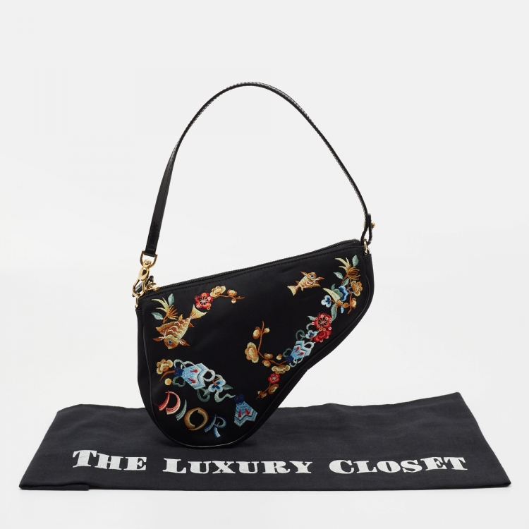 Pre Owned Dior Black Satin Embroidered Saddle Shoulder Bag