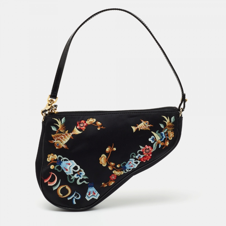 Pre Owned Dior Black Satin Embroidered Saddle Shoulder Bag