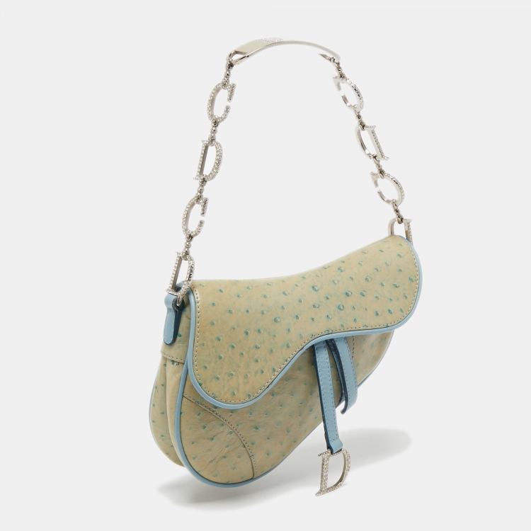 Pre Owned Dior Light Blue Ostrich Embossed Leather Mini Crystals Embellished Saddle Bag