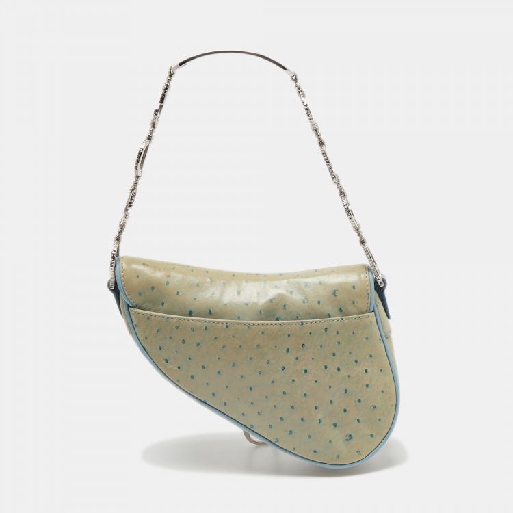 Pre Owned Dior Light Blue Ostrich Embossed Leather Mini Crystals Embellished Saddle Bag
