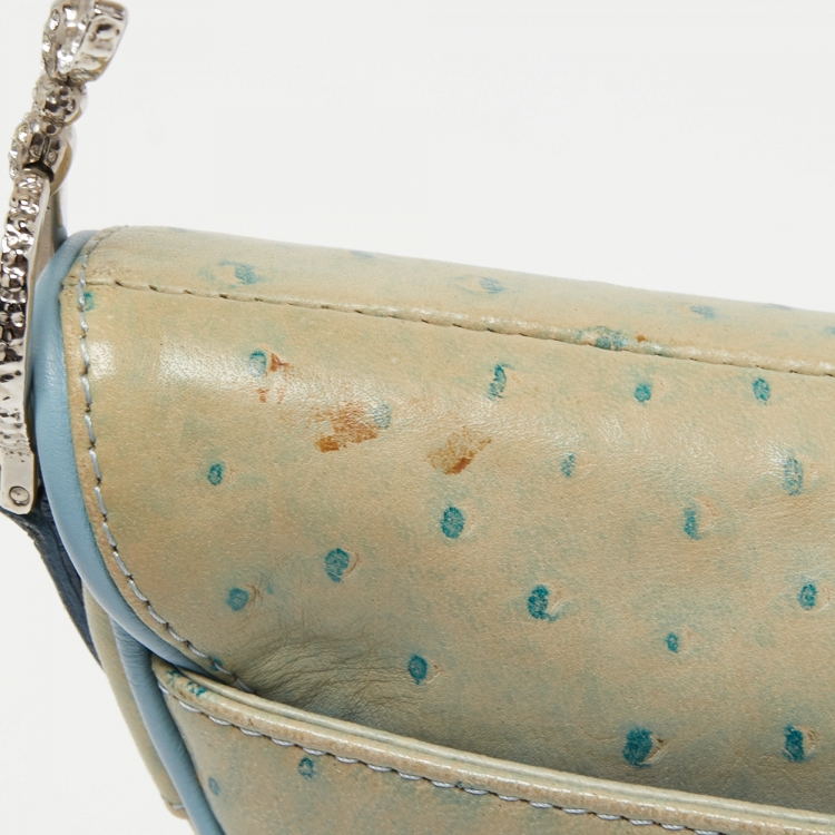 Pre Owned Dior Light Blue Ostrich Embossed Leather Mini Crystals Embellished Saddle Bag